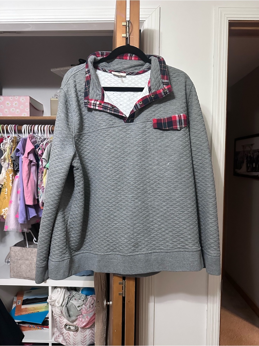 entro Quilted Gray Half-Zip Sweater with Red Plaid Trim